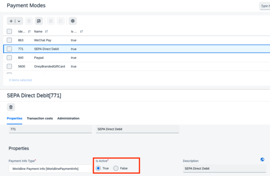 Screenshot of Payment Modes configuration - changing status